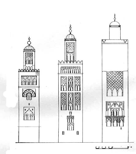 Fig. 80 : Décor des minarets almohades : Koutoubiya (Marrakech), Giralda (Séville) et Hassan (Rabat). 