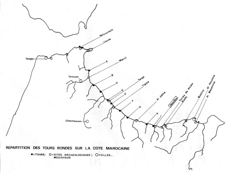 Fig. 99 : Carte de répartition des tours rondes sur la côte méditerranéenne du Maroc. 