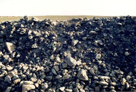 B : Les restes d’un épais mur bâtis selon la technique du blocage sont réutilisés dans des enclos modernes. 