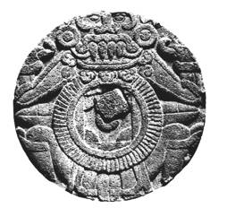 Partie 3 - fig. 71. Tlaltecuhtli avec le masque de Tláloc et les quatre canines, plus au centre le carré cosmique de la course du soleil.