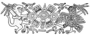 Partie 3 - fig. 85. Le symbole solaire, Nahui Ollin, entouré par ses deux nahualli, le jaguar et l’aigle.