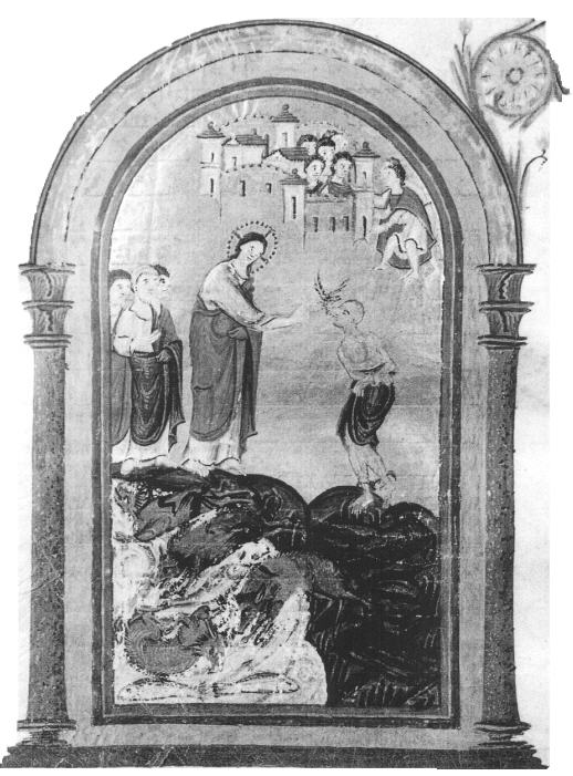 Planche 7: Le démoniaque de Gérasa, Evangile d'Otton III (990-1002), Aachen, trésor de la cathédrale, fol. 88v.
