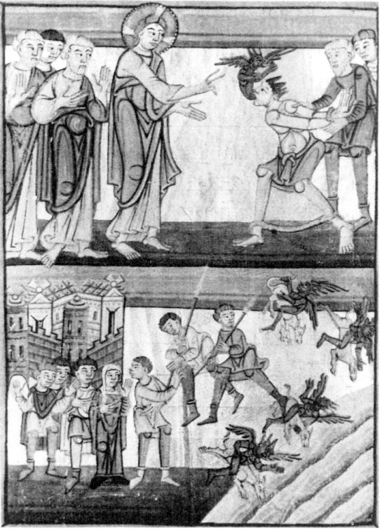 Planche 11 : Le démoniaque de Gérasa, lectionnaire (XIe siècle), Musée d'Utrecht, Aartsbisschoppelyk 3, fol. 33v.