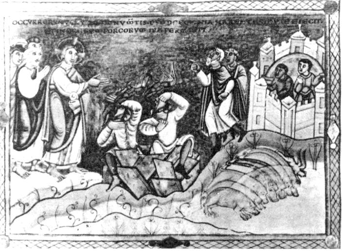 Planche 13 : Le démoniaque de Gérasa, Evangile du roi Henri III (1043-1045), Escorial Real Bibliotheca, Vit 17, fol. 31r.