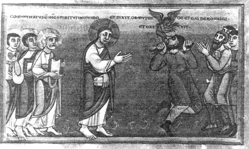 Planche 14 : Le démoniaque de la Synagogue, Evangile du roi Henri III (1043-1045), Escorial Real Bibliotheca, Vit 17, fol. 64r