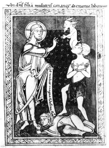 Planche 19 : La fille de la Syrophénicienne, Livre de prières d'Hildegarde de Bingen (XIIe siècle), Munich, Staatsbibliothek, Clm. 935, fol. 25v.