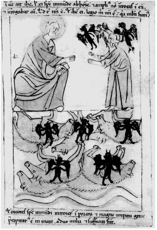 Planche 21: Le démoniaque de Gérasa, Bible de Pampelune (1197), Bibliothèque de la ville d'Amiens, ms.108, fol. 108r.