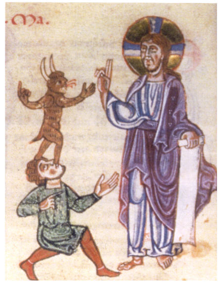 Planche 23 : Guérison d'un possédé, Evangile, vers 1250, Bibliothèque Vaticane, Vat. lat. 39, fol. 10v.