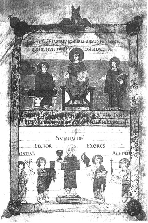 Planche 59 : La hiérarchie ecclésiastique, sacramenatire de Marmoutier (mil IXe s), Autun, Bibliothèque municipale, ms.19 bis, fol. 1r.
