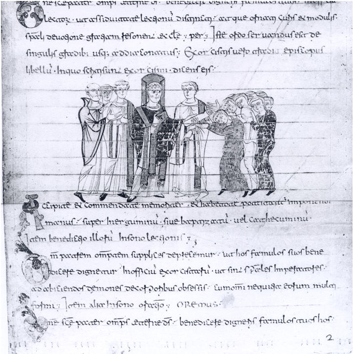 Planche 60 : Ordination des exorcistes, rouleau de l'évêque Landulf (v. 969), Rome, Bibliothèque Casanatense, cas. 724 (B I 13 1).