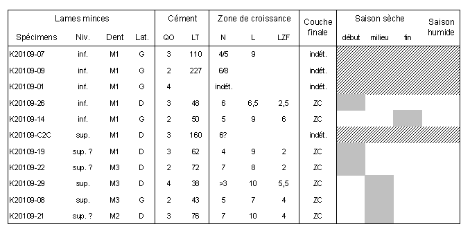 Tabl. 7.7 : Résultats de l’analyse cémentochronologique de quelques dents de gazelles d’El Kowm 2. QO = qualité optique (de 2, médiocre, à 4, bonne) ; LT = largeur totale du cément (en µm) ; N = nombre de zones de croissance ; L = largeur moyenne d’une zone de croissance complète (en µm) ; LZF = largeur de la dernière zone de croissance (en µm) ; A = annulus ; ZC = zone de croissance.