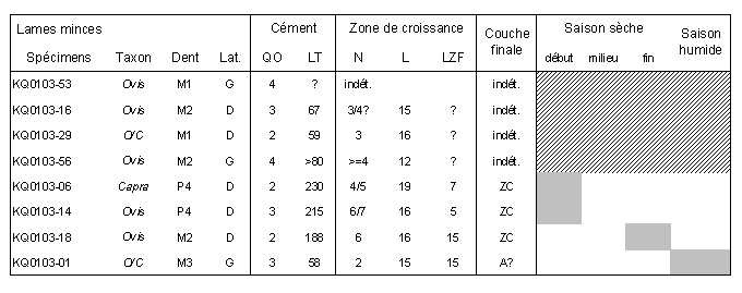 Tabl. 8.12 : Tabl. 7.16 : Résultats de l’analyse cémentochronologique de quelques dents de caprinés de Qdeir 1. QO = qualité optique (de 2, médiocre, à 4, bonne) ; LT = largeur totale du cément (en µm) ; N = nombre de zones de croissance ; L = largeur moyenne d’une zone de croissance complète (en µm) ; LZF = largeur de la dernière zone de croissance (en µm) ; A = annulus ; ZC = zone de croissance.