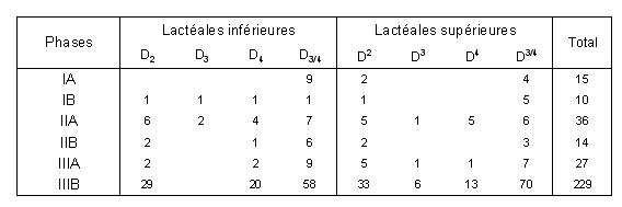 Tabl. 4.7 : Distribution des déciduales inférieures et supérieures d’équidés dans les différents assemblages de Mureybet.
