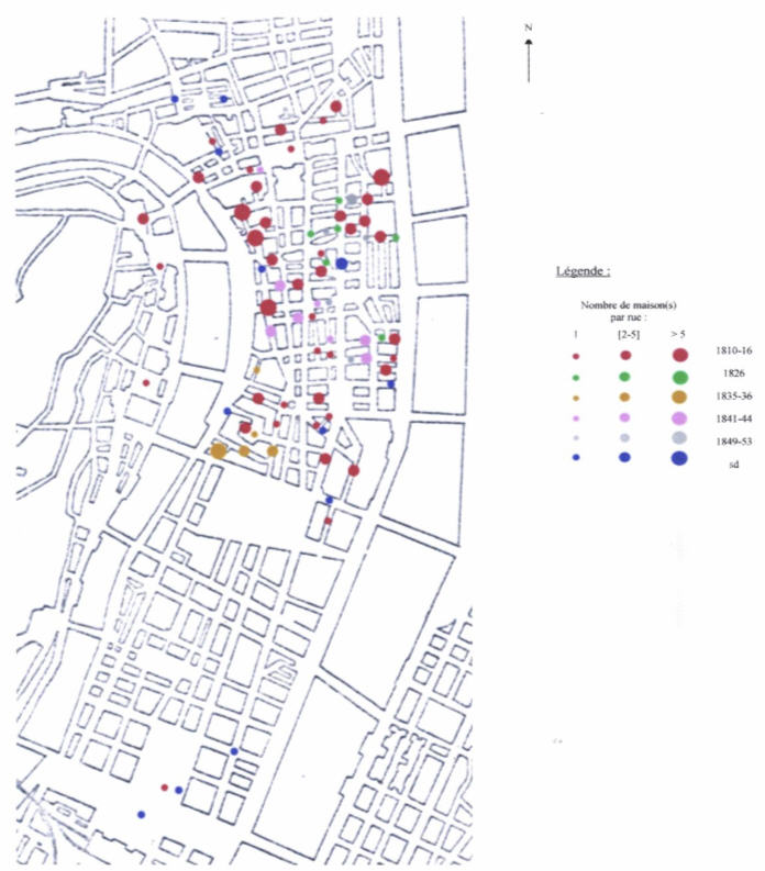 Carte n° 12 : Localisation des maisons de tolérance dans le centre ville de Lyon 