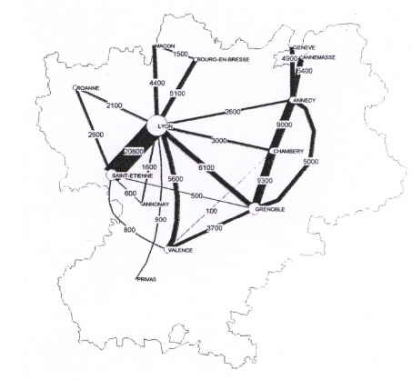 Figure 34 - Déplacements en véhicule léger entre les principales agglomérations rhônalpines (trajet d’agglomération à agglomération, deux sens confondus, en 1995)