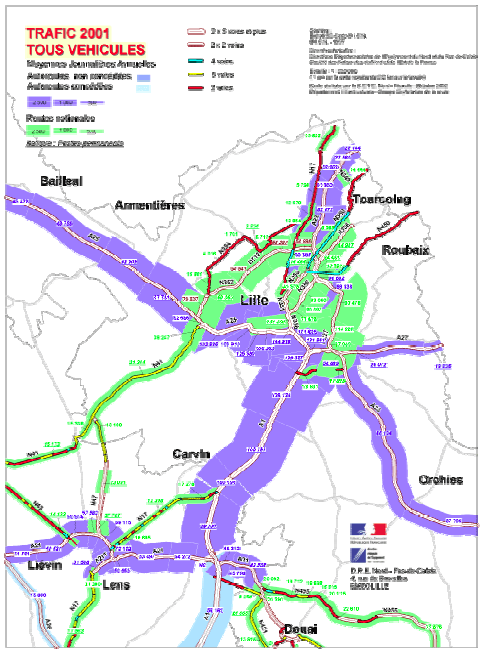 Figure 38 - Le trafic sur les grandes voiries de la métropole lilloise en 2001
