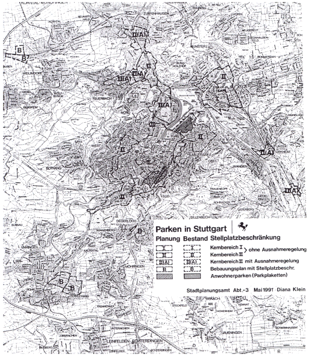 Figure 68 - Les périmètres de restriction du stationnement à Stuttgart dans les années 90