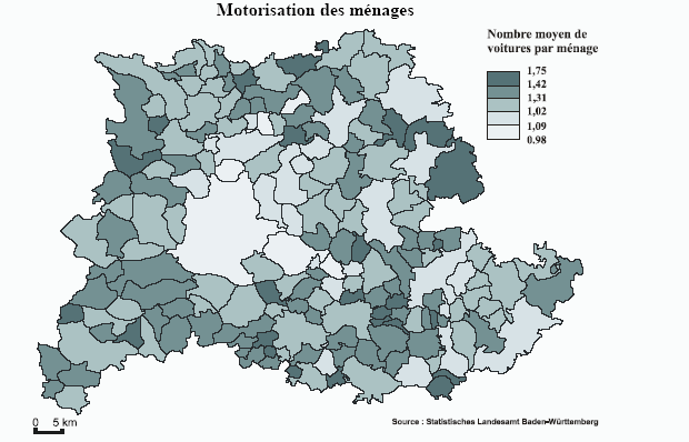 Figure A4 - Motorisation et densité à Stuttgart : une image globalement inversée à l’échelle de la région urbaine…