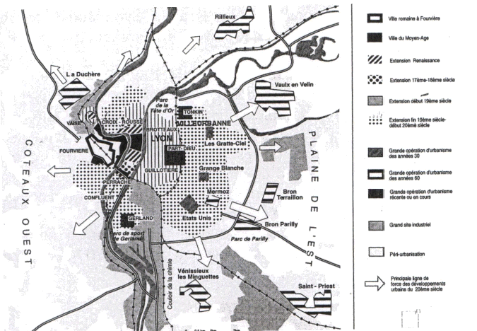 Figure 1- Les étapes du développement spatial de l’agglomération lyonnaise