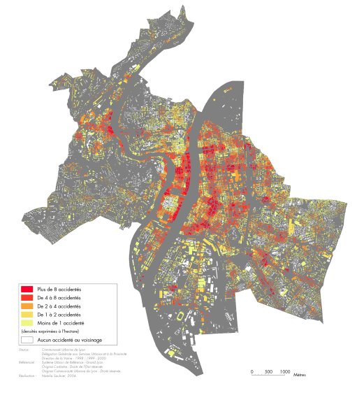 Carte IV-7 : densité des accidentés de la circulation au voisinage des bâtiments