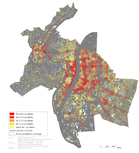 Carte IV-9 : densité des accidentés au voisinage des bâtiments : piétons