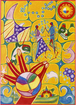 “Celebrating on Corn Beads”, crayon et pastels, Christine Sioui Wawanoloath, 1999.