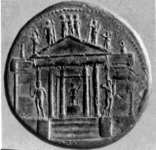 Fig.6 : Monnaie frappée sous Tibère entre 34 et 37 ap. J.-C. (Rome, Museo nazionale Romano, Bronze) représentant le temple de la 