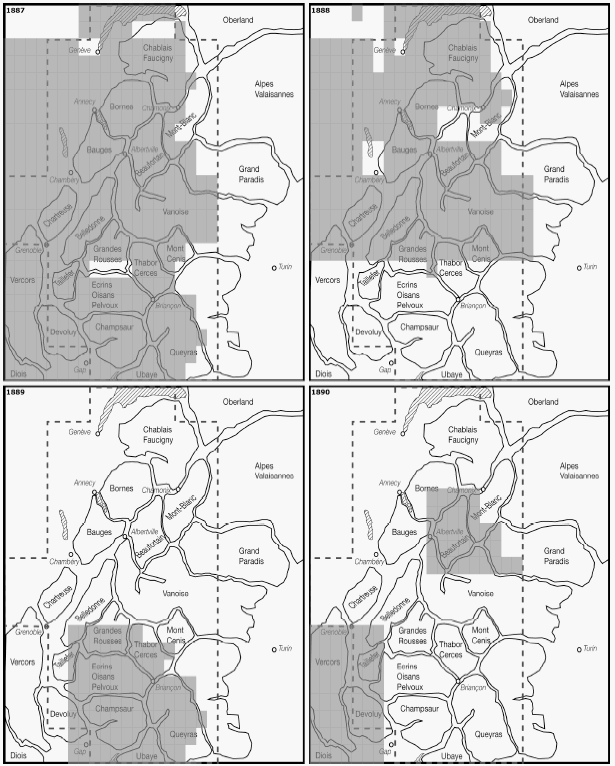 Carte 5 : Révisions de la carte de France au 1 : 80 000 dans les Alpes du nord, 1887-1890.