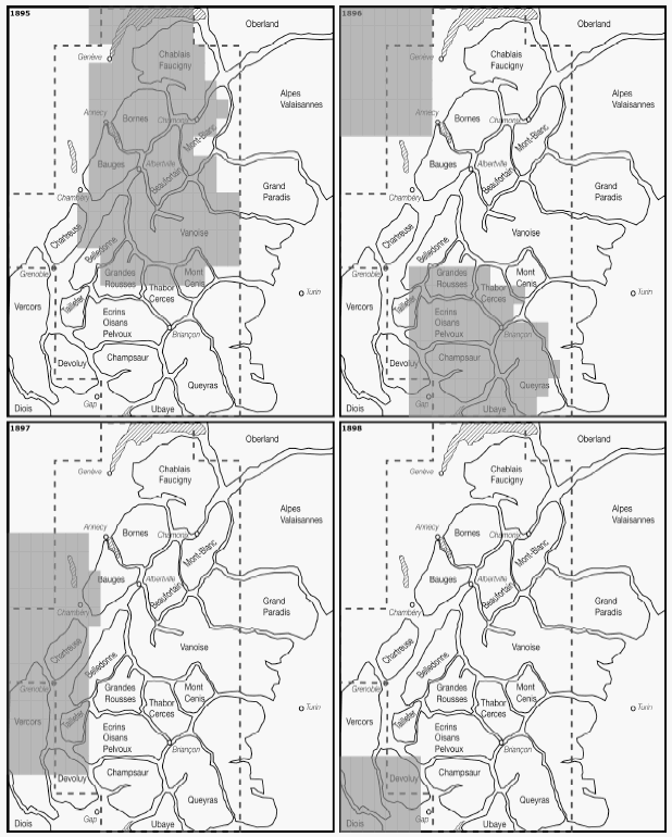 Carte 6 : Révisions de la carte de France au 1 : 80 000 dans les Alpes du nord, 1895-1898.