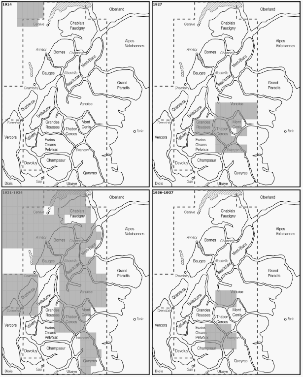 Carte 7 : Révisions de terrain de la carte de France au 1 : 80 000 dans les Alpes du nord, après 1900.