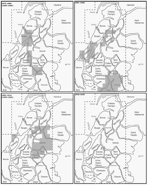 Carte 8 : Levés des plans directeurs dans les Alpes du nord, 1875-1939*.