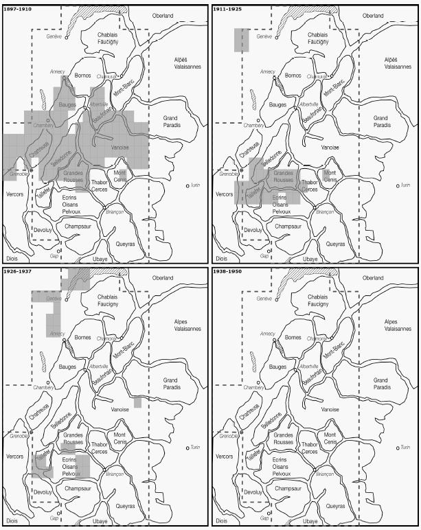 Carte 11 : Répartition des levés directs du service officiel dans les Alpes du nord, 1897-1950.