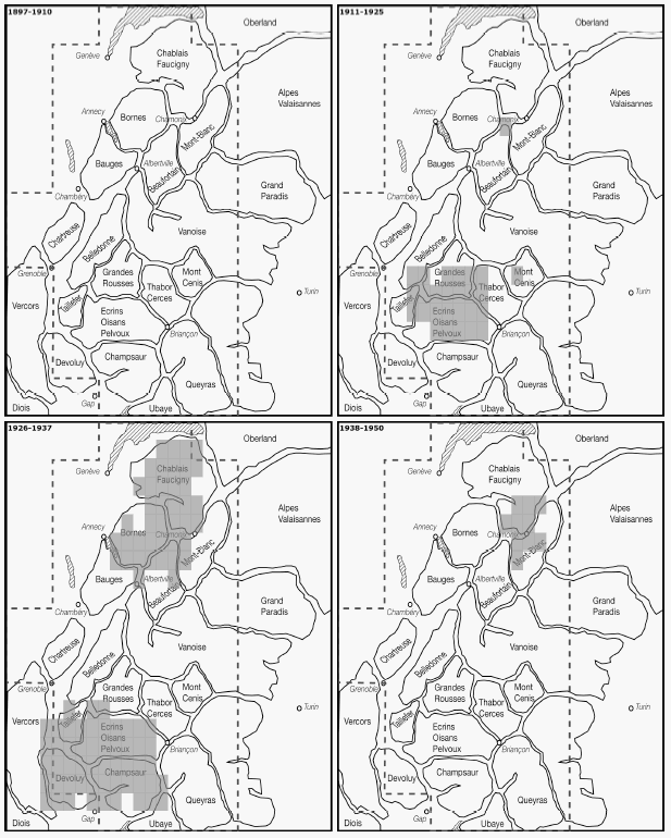 Carte 12 : Répartition des levés photographiques terrestres du service officiel dans les Alpes du nord, 1897-1950.