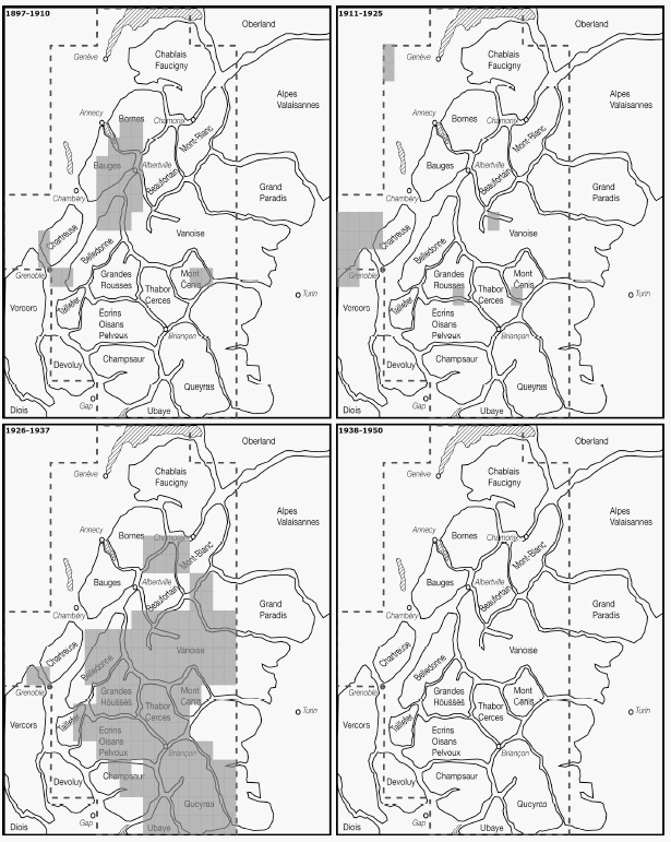 Carte 14 : Répartition des révisions de terrain du service officiel dans les Alpes du nord, 1897-1950.