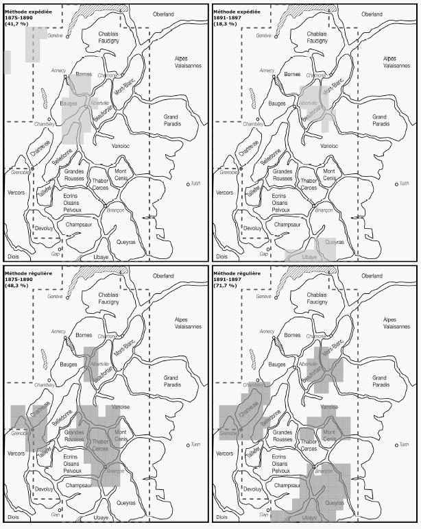 Carte 15a : Répartition des méthodes utilisées pour les levés de plans directeurs, entre 1875 et 1897*.