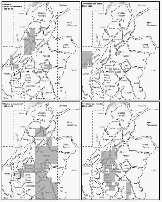 Carte 16 : Révisions des plans directeurs et autres levés classiques dans les Alpes du nord entre 1897 et 1940.