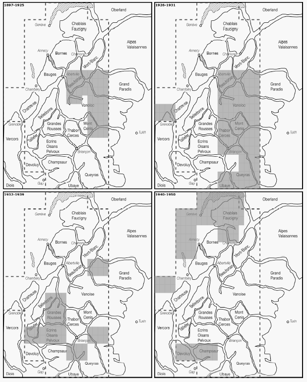 Carte 18 : Répartition des feuilles de la nouvelle carte de France au 1 : 50 000 couvrant les Alpes du nord, publiées entre 1897 et 1950.