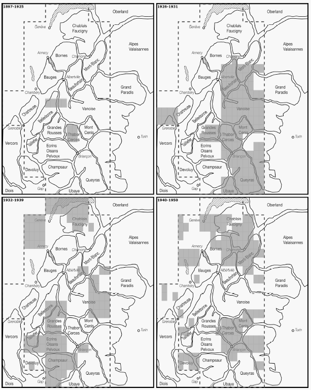 Carte 19 : Répartition des feuilles de la carte de France au 1 : 20 000 couvrant les Alpes du nord, publiées entre 1897 et 1950.