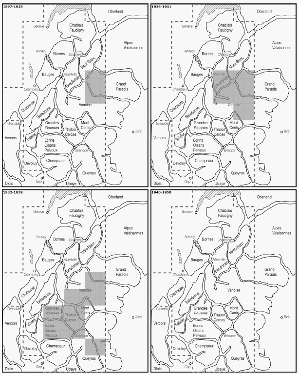 Carte 20 : Répartition des feuilles de l’édition spéciale de la carte de France au 1 : 50 000 avec itinéraires du CAF, couvrant les Alpes du nord, publiées entre 1897 et 1950.