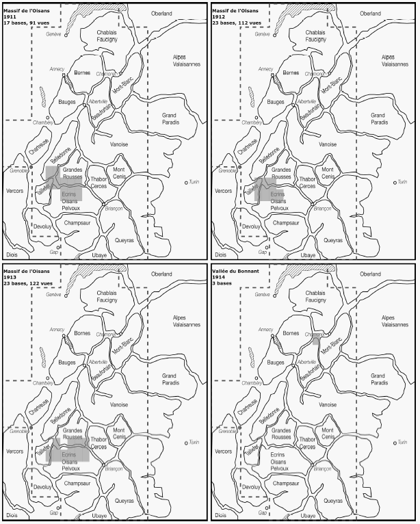 Carte 21 : Essais de levés photographiques du SGA dans les Alpes du nord, entre 1911 et 1914.