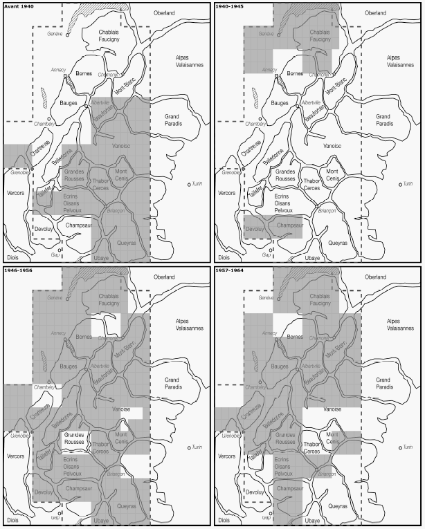Carte 24 : Publication des feuilles de la carte de France au 1 : 50 000 type 1922 couvrant les Alpes du nord, jusqu’en 1964.