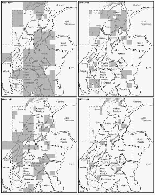 Carte 25 : Publication des feuilles de la carte de France au 1 : 20 000 couvrant les Alpes du nord, jusqu’en 1964.