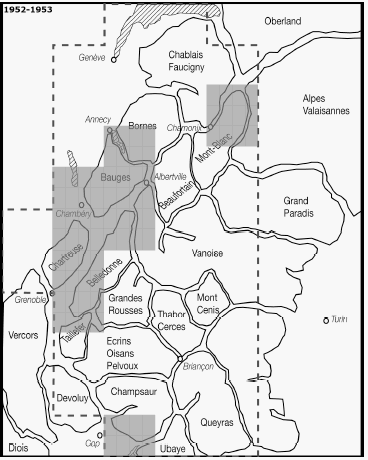 Carte 26 : Publication des feuilles de la carte de France au 1 : 50 000 type M couvrant les Alpes du nord, jusqu’en 1964.