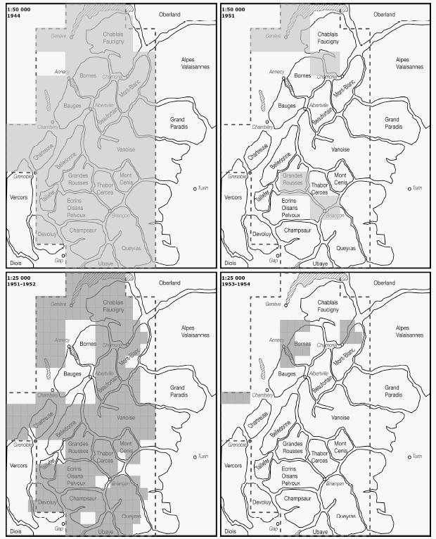 Carte 28 : Publication des feuilles des cartes de France au 1 : 50 000 et 1 : 25 000 de l’Army map service couvrant les Alpes du nord, entre 1944 et 1954.