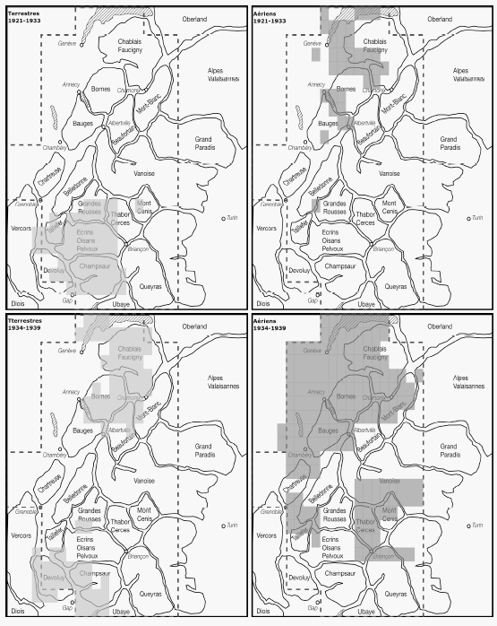 Carte 29 : Répartition des levés photographiques terrestres et aériens du SGA dans les Alpes du nord, 1921-1939.