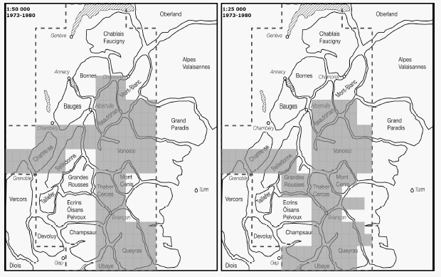 Carte 31 : Répartition des feuilles de la carte de France au 1 : 50 000 et au 1 : 25 000 type 1972 couvrant les Alpes du nord, publiées entre 1973 et 1980.