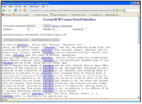 Figure 20 : Interface de Cocoon pour la recherche du terme anglais 