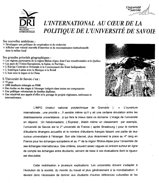 Document 15 : Présentation de la politique internationale de l'Université de Savoie (1999)