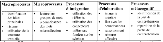 Figure 6: différents processus intervenant pendant la compréhension, d'après Jocelyne Giasson (1990) 