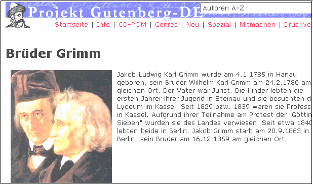 Figure 5 : Site "Projekt Gutenberg-DE avec renseignements sur les frères Grimm